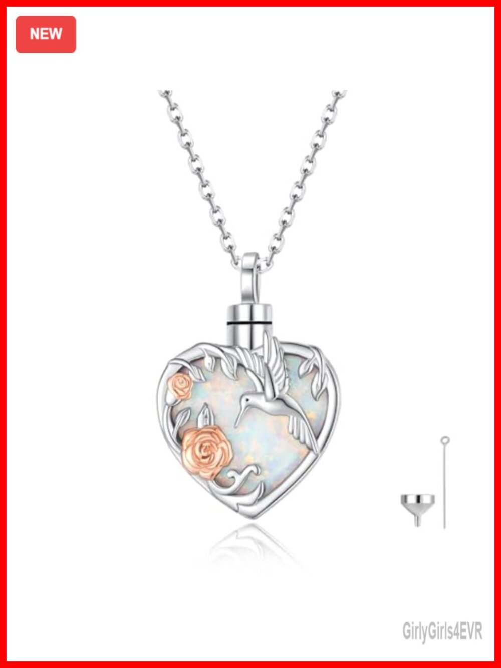 925 Sterling Silver Hummingbird Urn Necklace for Ashes Opal Heart Memorial Gift
